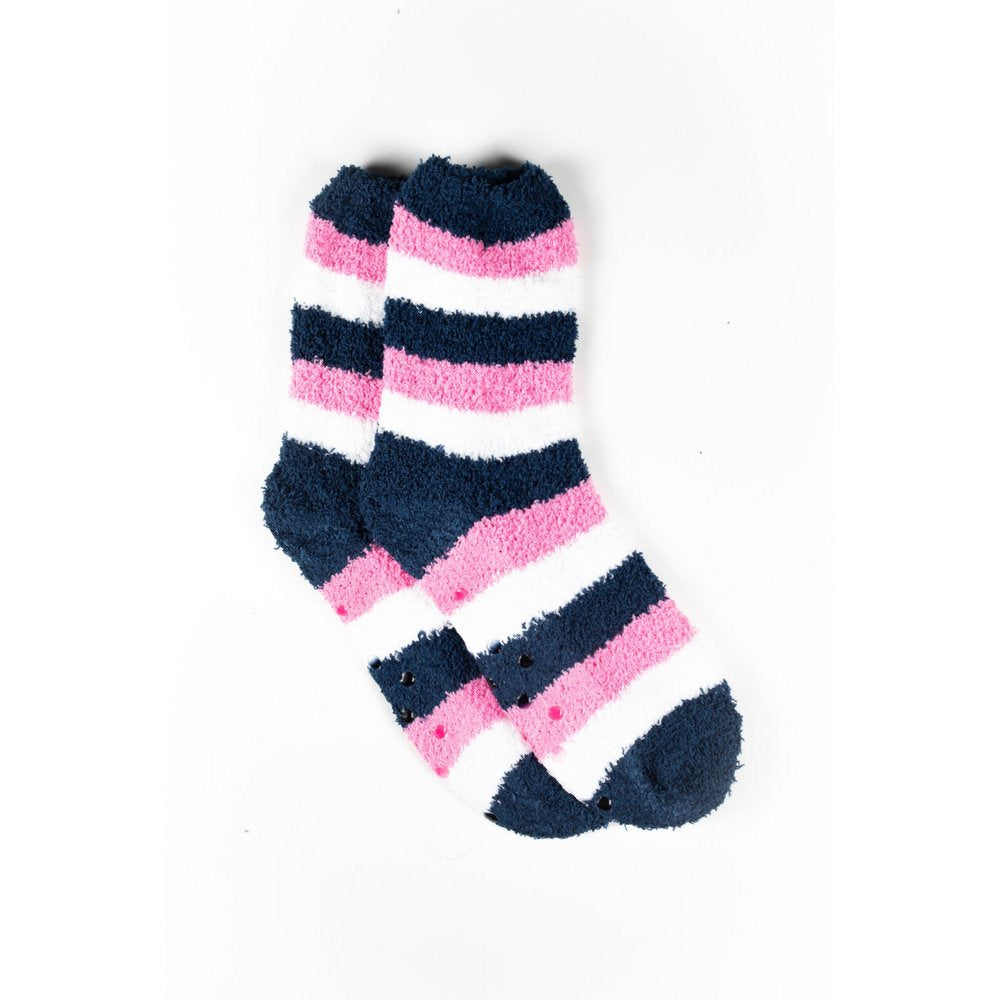 Cosy bed socks for women with non-slip bottoms in navy pink stripes, flat lay showing length