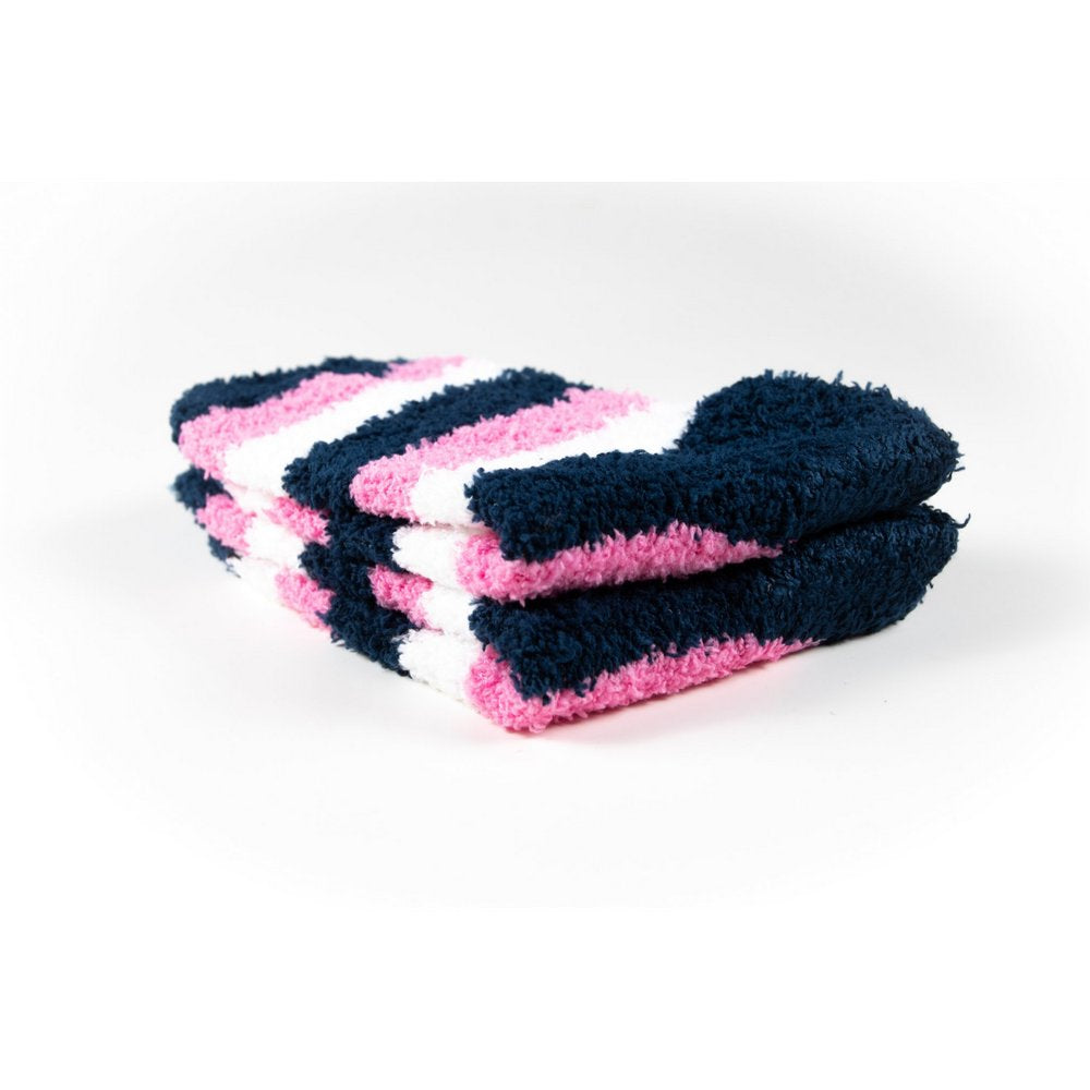 Cosy bed socks for women with non-slip bottoms in navy pink stripes, close up showing thickness