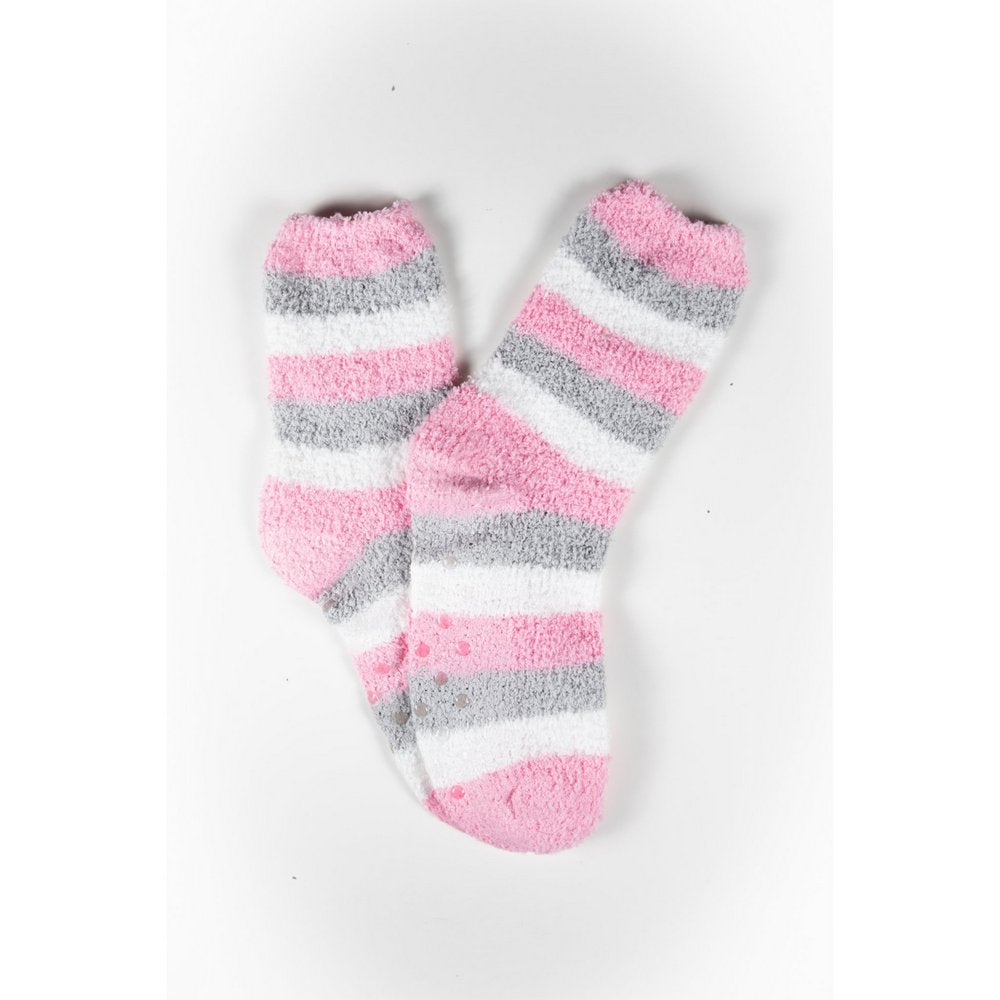 Cosy bed socks for women with non-slip bottoms in baby pink grey stripes, flat lay showing pattern