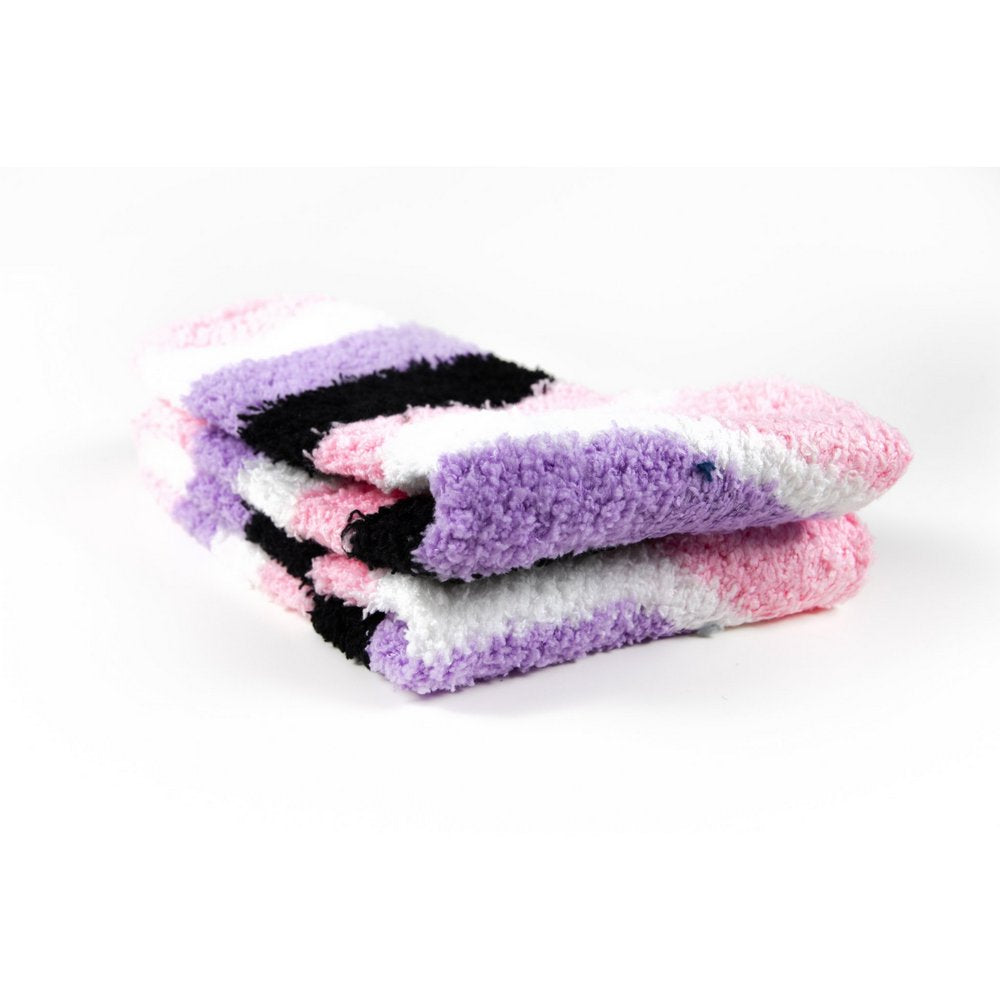 Cosy bed socks for women with non-slip bottoms in pink purple black stripes, close up showing thickness