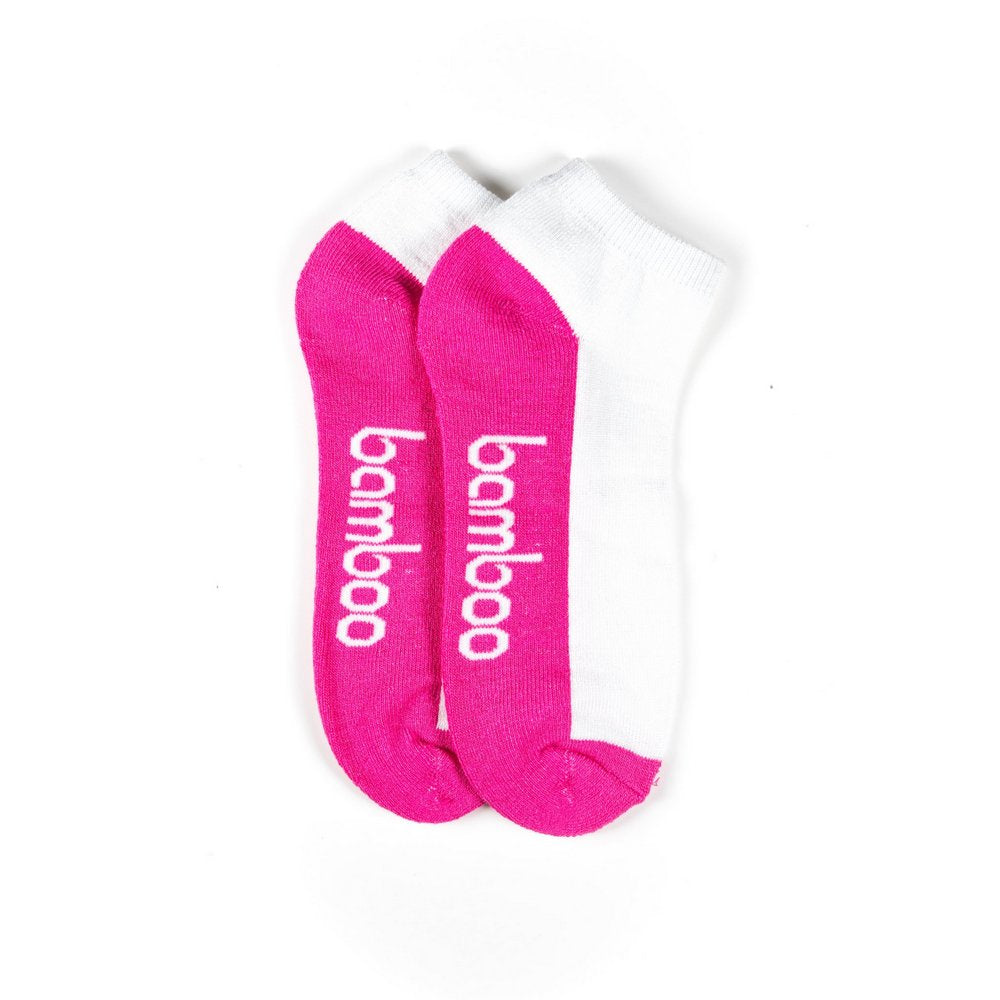 Sports anklets bamboo socks for women in white/pink, flat lay showing length