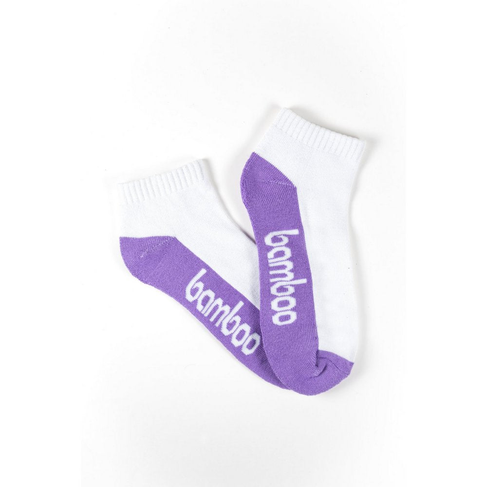 Sports anklets bamboo socks for women in white/purple, flat lay showing colour