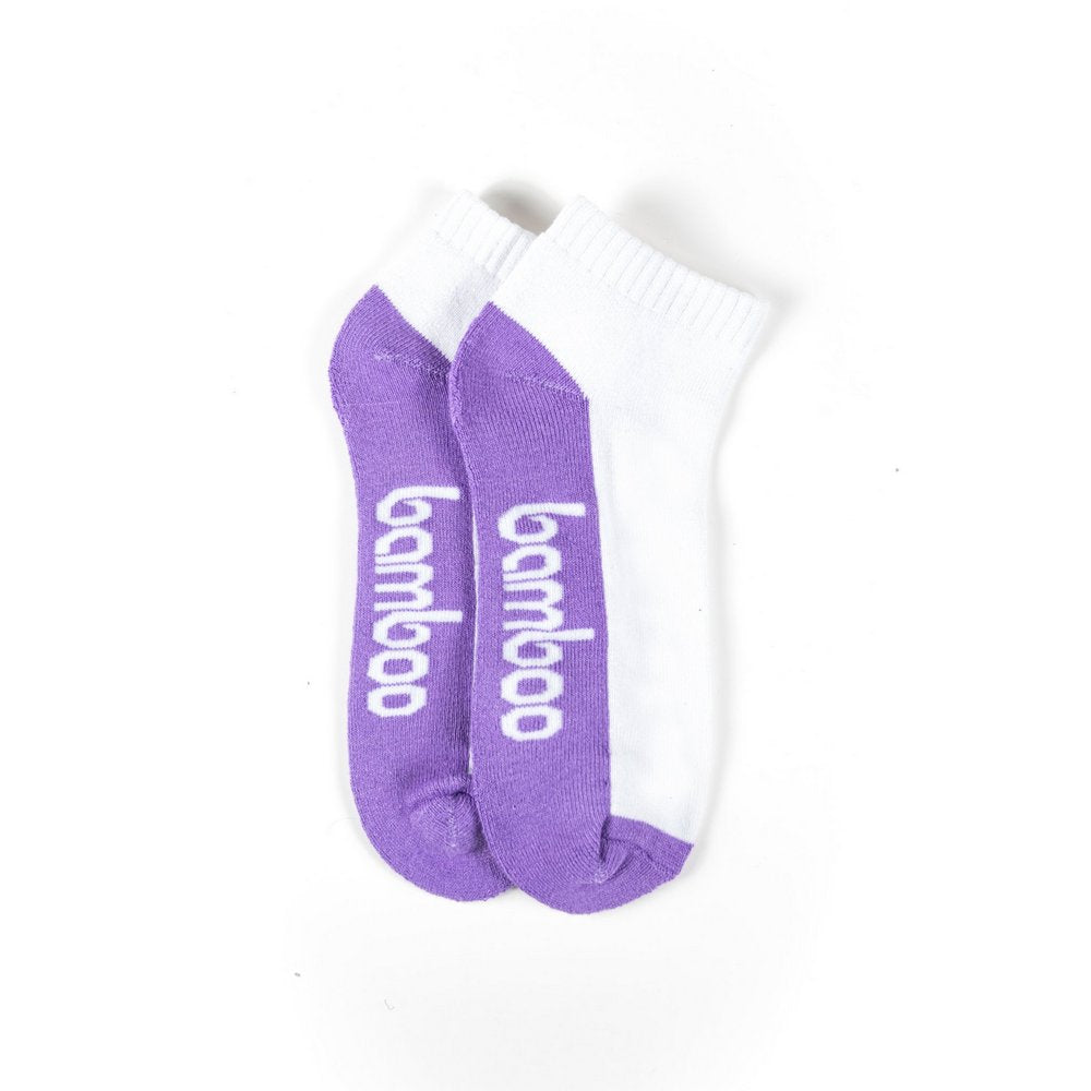 Sports anklets bamboo socks for women in white/purple, flat lay showing length